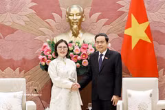 越南国会主席陈青敏会见蒙古国新任驻越大使冈巴塔尔·胡兰。图自越通社