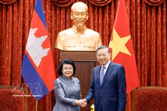 越共中央总书记、国家主席苏林会见柬埔寨国会主席昆索达莉。图自越通社