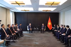 越共中央总书记、国家主席苏林会见俄罗斯扎鲁别日石油公司总经理谢尔盖·库德里亚绍夫。图自越通社