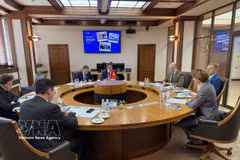 越南科学技术翰林院院长陈鸿泰与俄罗斯国家原子能公司代表举行工作会谈。图自越通社