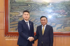 越共中央政治局委员、中央书记处常务书记陈锦秀与老挝人民革命党中央委员、老挝人民革命中央青年团书记通力·西苏里。图自越通社