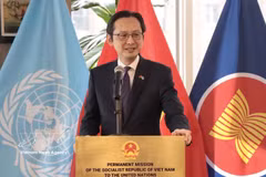越南常驻联合国代表团团长杜雄越大使在纪念典礼上致辞。图自越通社