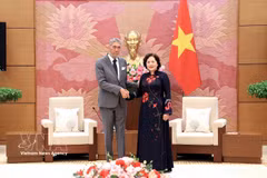 越共中央委员、国会副主席阮氏红会见多米尼加共和国统一左翼运动党总书记米格尔·梅希亚。图自越通社