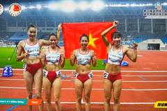 在女子4×400米接力决赛中，由黄氏明幸、郭氏兰、阮氏姮和阮氏玉组成的越南队发挥出色，以3分31秒16的成绩率先冲过终点线，夺得金牌。越南田径联合会供图