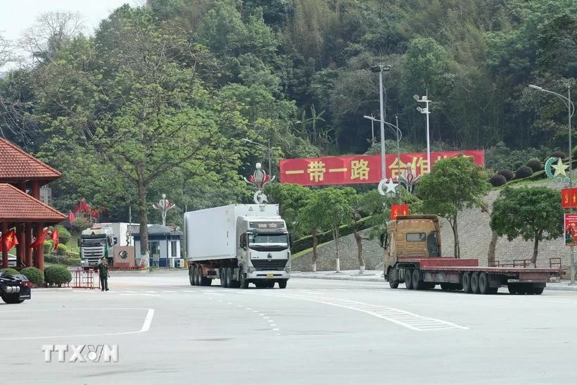 进出口货物通过谅山友谊国际口岸通关的运输车辆。图自越通社