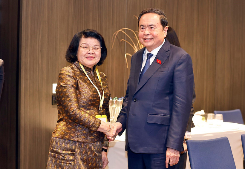 越南国会主席陈青敏会见柬埔寨国会主席昆索达莉。图自越通社
