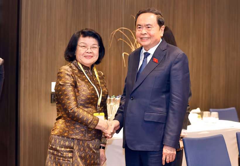 越南国会主席陈青敏会见柬埔寨国会主席昆索达莉。图自越通社