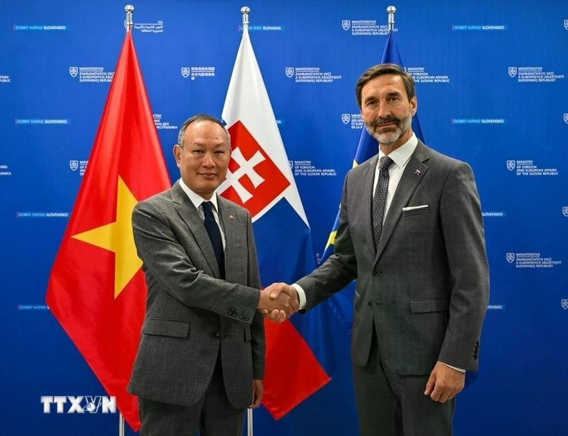 越南驻斯洛伐克大使范长江和斯洛伐克外交部长尤拉伊·布拉纳尔。图自越通社