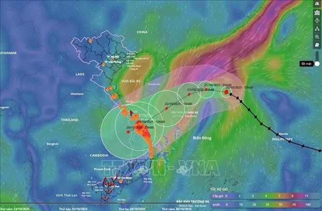 第12号台风移动方向示意图（截至10月20日17时）。图自越通社