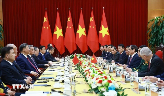 2025年4月14日，范明政总理会见中共中央总书记、国家主席习近平。图自越通社