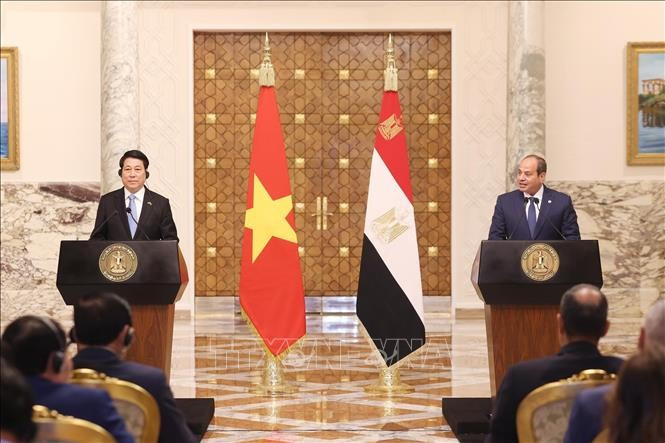越南国家主席梁强与埃及总统塞西共同会见记者。图自越通社