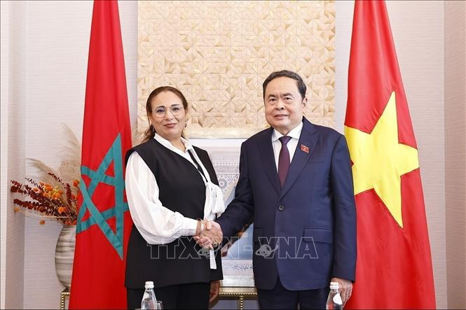 越南国会主席陈青敏在首都拉巴特会见摩洛哥－越南友好议员小组主席卢布娜·斯里里。图自越通社
