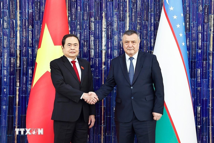 越南国会主席陈青敏同乌兹别克斯坦议会下院议长伊斯马伊洛夫举行会谈。图自越通社