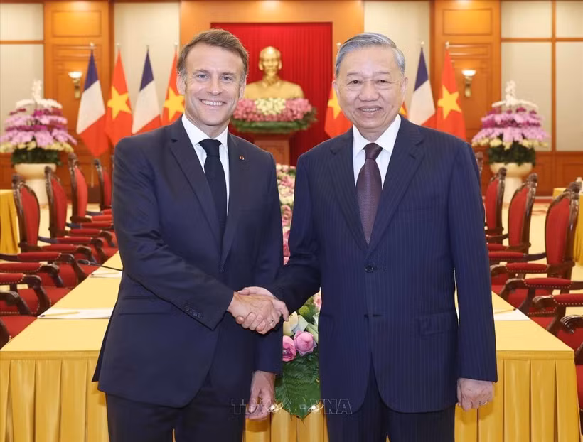 2025年5月26日，越共中央总书记苏林会见法国总统埃马纽埃尔·马克龙。图自越通社