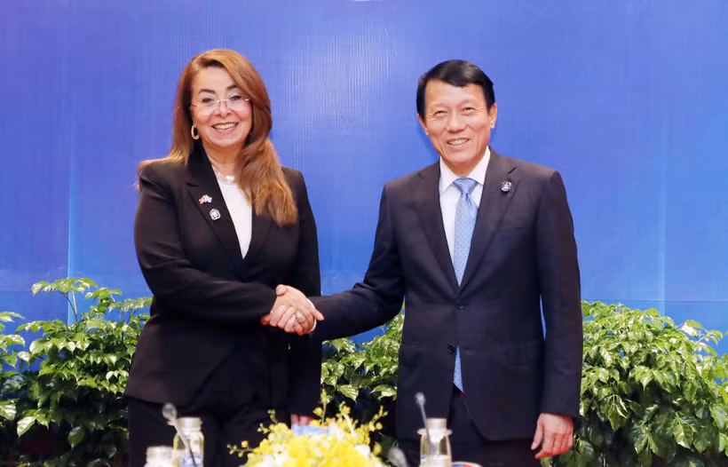 越共中央政治局委员、公安部长梁三光大将和联合国副秘书长、联合国毒品和犯罪问题办公室执行主任加达·瓦利。图自越通社