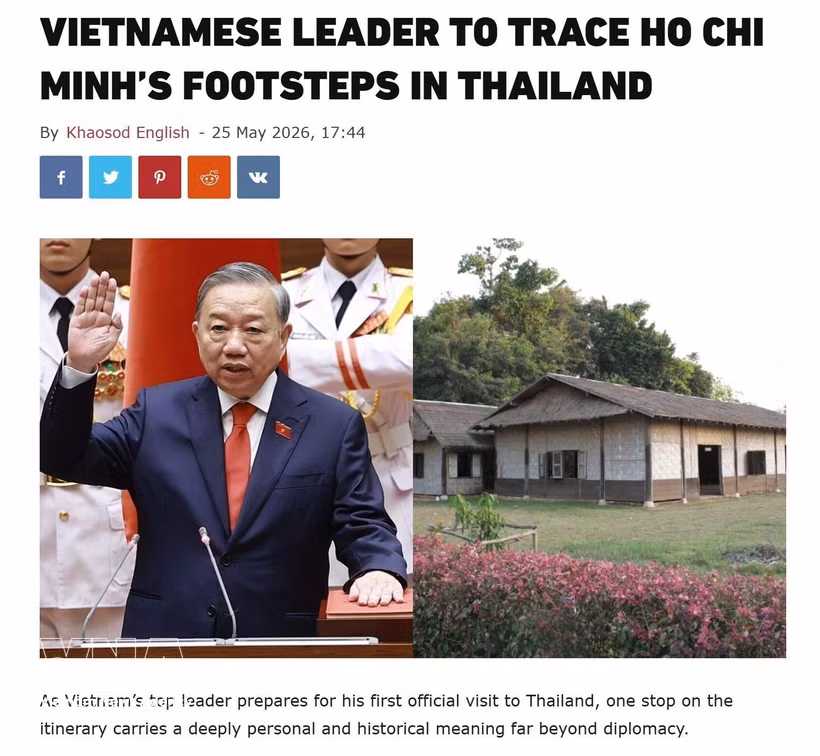 泰国《鲜新闻》（Khaosod）英文版刊发题为《越南领导人追寻胡志明主席在泰国的足迹》的文章。图自越通社
