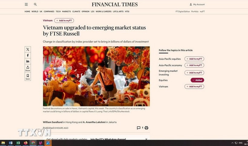 《金融时报》（Financial Times）消息称，越南首次被一家指数供应商提升为新兴市场。图自越通社