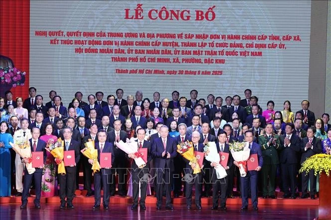 苏林出席胡志明市成立决议公布仪式。图自越通社