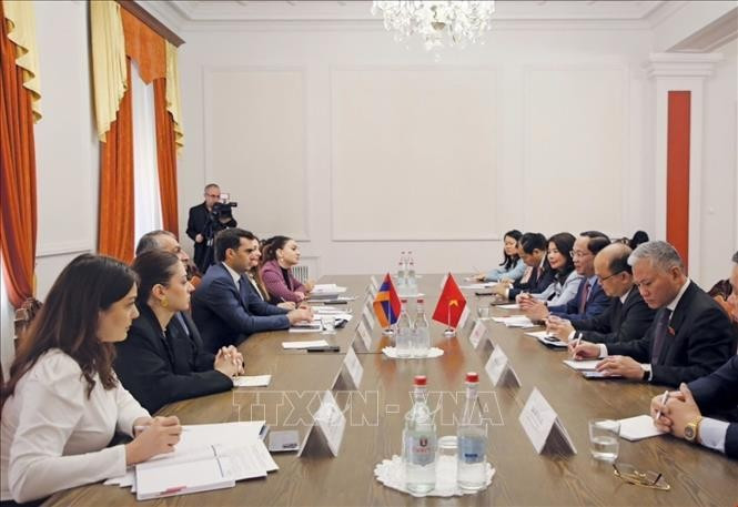 越南国会副主席陈光方会见亚美尼亚国会第一副主席哈科博·阿尔沙克扬。图自越通社
