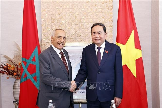越南国会主席陈青敏会见摩洛哥与越南友好协会主席穆斯塔法·艾尔·凯提里。图自越通社