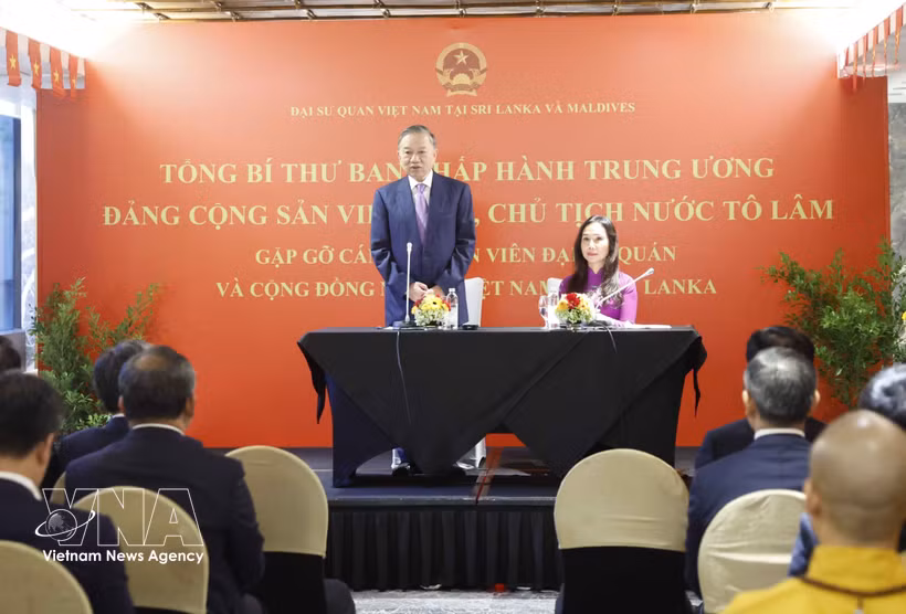 苏林与越南驻斯里兰卡代表机构干部及旅斯越南人交流。图自越通社