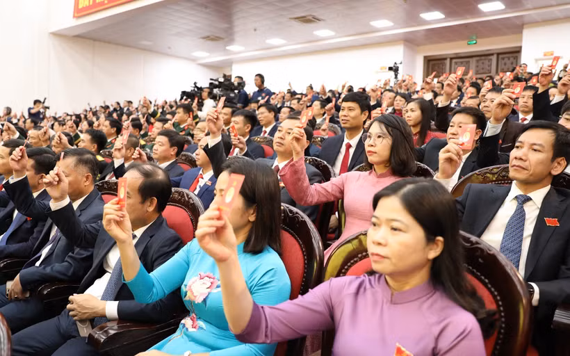 代表们表决通过大会决议草案。图自越通社