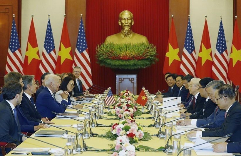 越共中央总书记阮富仲与美国总统乔·拜登于2023年9月10日下午在河内举行会谈。图自越通社