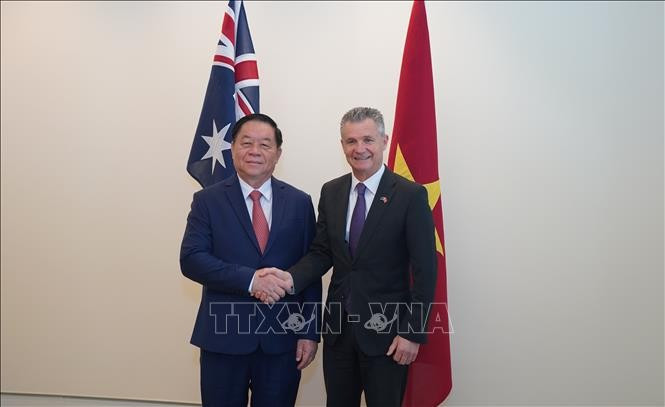 阮仲义分别会见澳大利亚外交与贸易助理部长、移民助理部长马特·希斯莱特。图自越通社