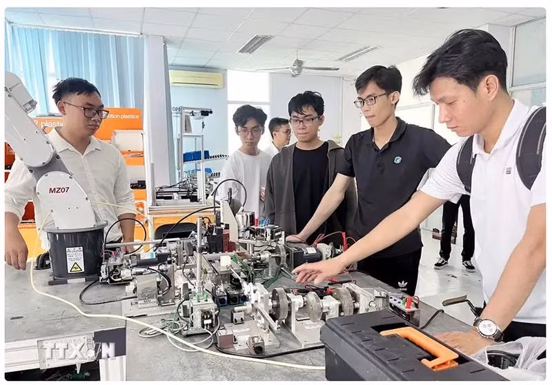大学生们在胡志明市高科技园区培训中心进行研究。图自越通社