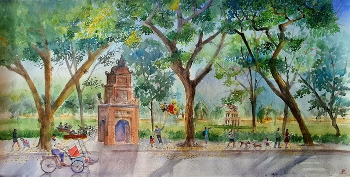 《秋天的街道》水彩画作品。图自越共电子报