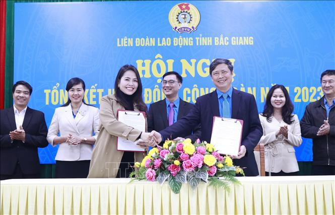 北江省劳动联合会领导与HOGI集团国际贸易股份公司签署工会会员和员工福利计划合作协议。图自越通社