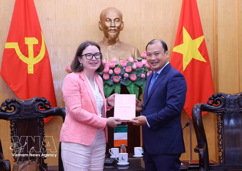 胡志明国家政治学院常务副院长黎海平向爱尔兰驻越南大使狄德拉·尼·法林赠送纪念品。图自越通社