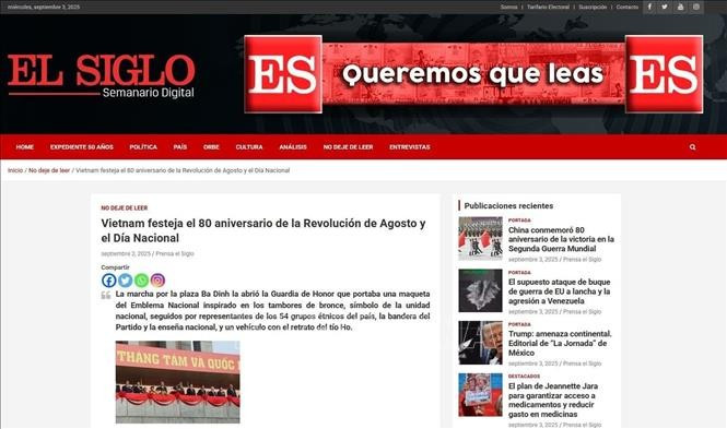 智利共产党机关报《世纪报》(El Siglo)9月3日刊登长文,详细介绍在河内巴亭广场举行的国庆庆典、阅兵和群众游行盛况。屏幕截图