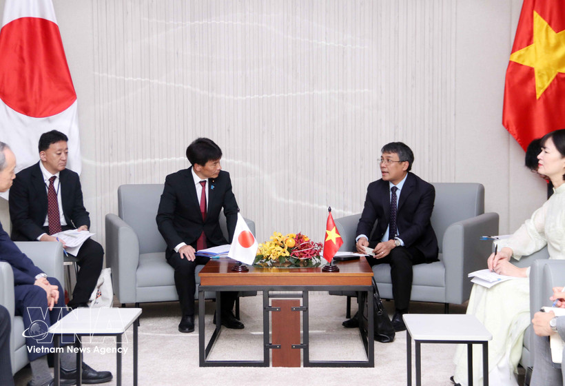 越南外交部常务副部长阮明羽会见日本外务大臣政务官、众议院议员岛田智明。图自越通社