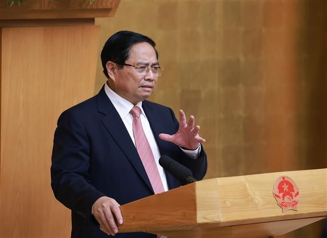 越南政府总理范明政发表讲话。图自越通社