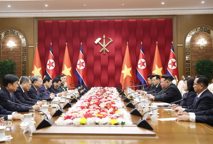 越共中央总书记苏林与朝鲜劳动党总书记、国务委员长金正恩举行会谈。图自越通社