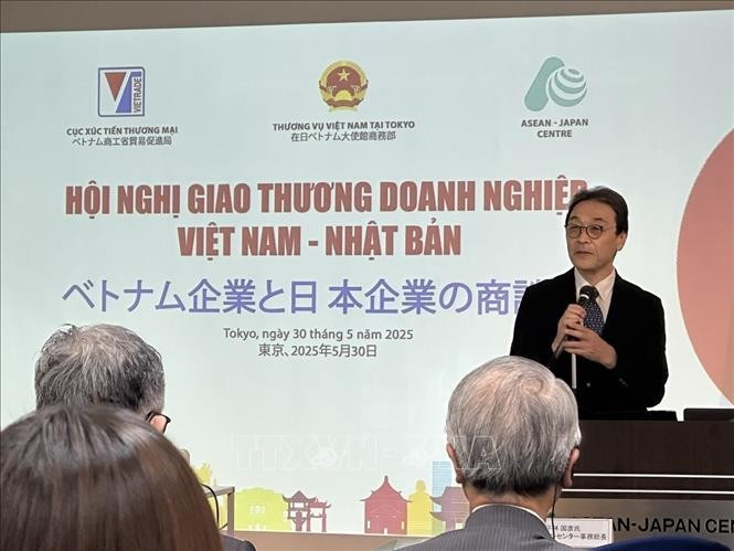 日本贸易振兴机构（JETRO）常务副理事长中沢刚之发表讲话。图自越通社