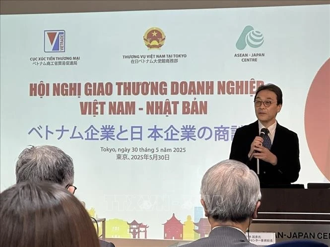 日本贸易振兴机构（JETRO）常务副理事长中沢刚之发表讲话。图自越通社