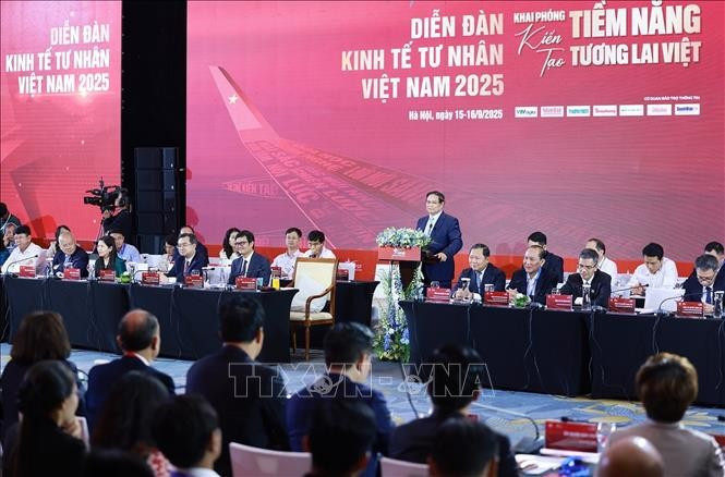 越南政府总理范明政在2025年越南民营经济论坛高级对话会上发表讲话。图自越通社