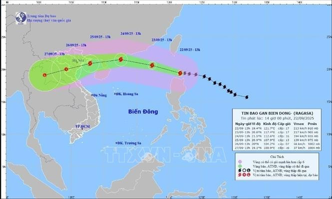 超强台风桦加沙9月22日下午1点移动方向。图自越通社
