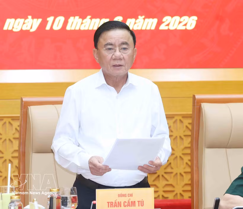 越共中央政治局委员、中央书记处常务书记、中央政治局和中央书记处第12号检查监督团团长陈锦秀发表指导性讲话。图自越通社