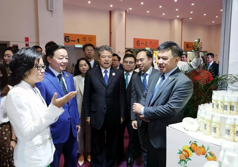 陈红河副总理参观越南展位。图自越通社