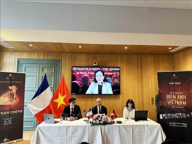越南驻法国大使丁全胜、AVSE Global主席阮德姜教授、越南电影发展促进协会主席吴芳兰共同主持新闻发布会。图自越通社