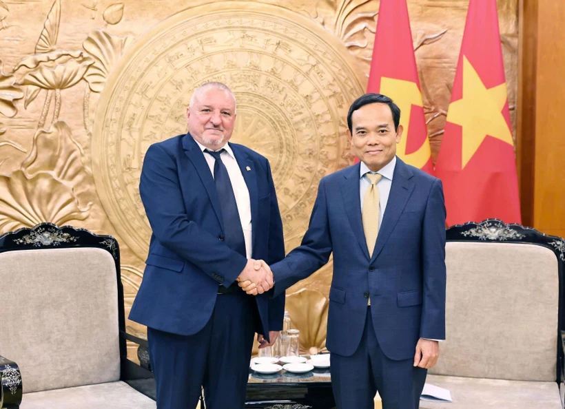 越共中央书记处书记、中央政策与战略部部长陈流光会见匈牙利社会党（MSZP）主席科姆亚蒂·伊姆莱（Komjáthi Imre）。图自越通社