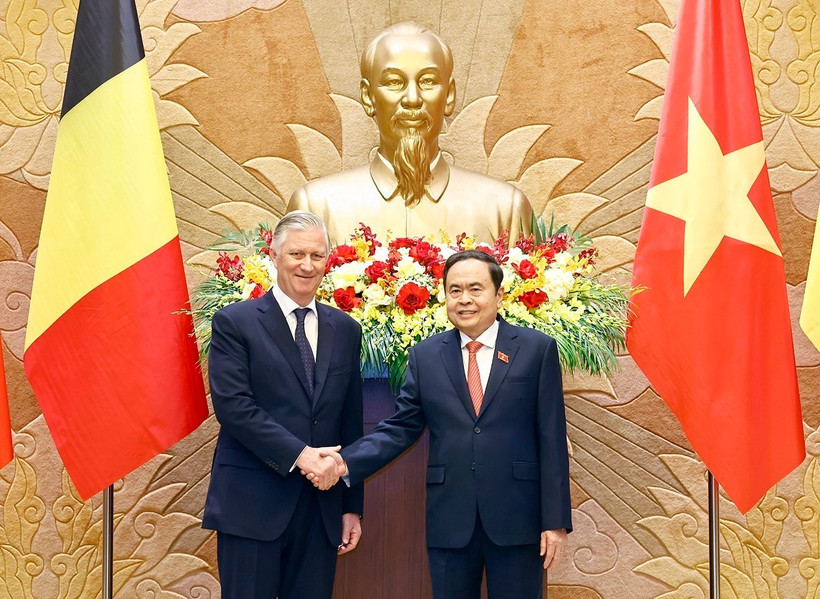 越南国会主席陈青敏会见比利时国王菲利普。图自越通社