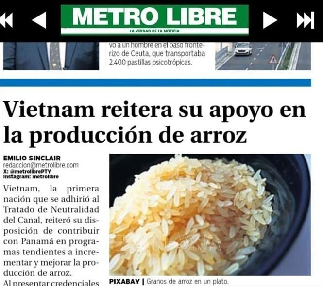 巴拿马《自由都市报》（Metro Libre）9月1日报道称，越南重申愿支持巴拿马实施各项农业发展项目，旨在提升水稻产量。屏幕截图