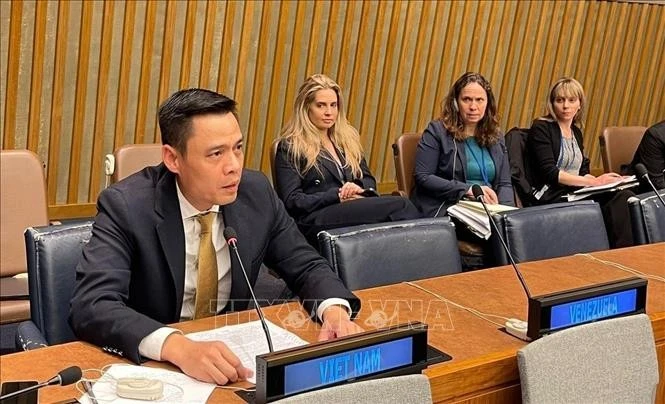 越南常驻联合国代表团团长邓黄江大使在会上发表讲话。图自越通社