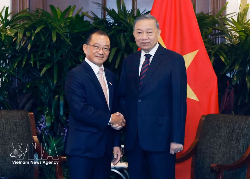 越共中央总书记、国家主席苏林会见新加坡国会议长谢健平。图自越通社