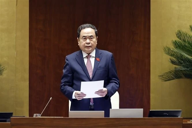 国会主席陈青敏发表讲话。图自越通社
