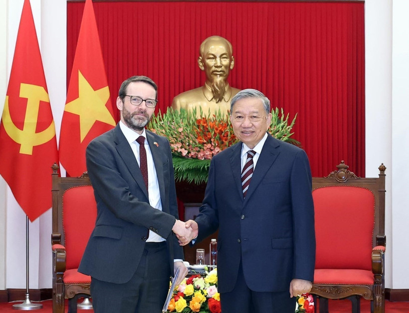 越共中央总书记苏林在党中央总部会见了英国驻越南大使伊恩·弗鲁。图自越通社